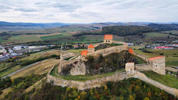 Aerial drone view of rupea fortress, romania
